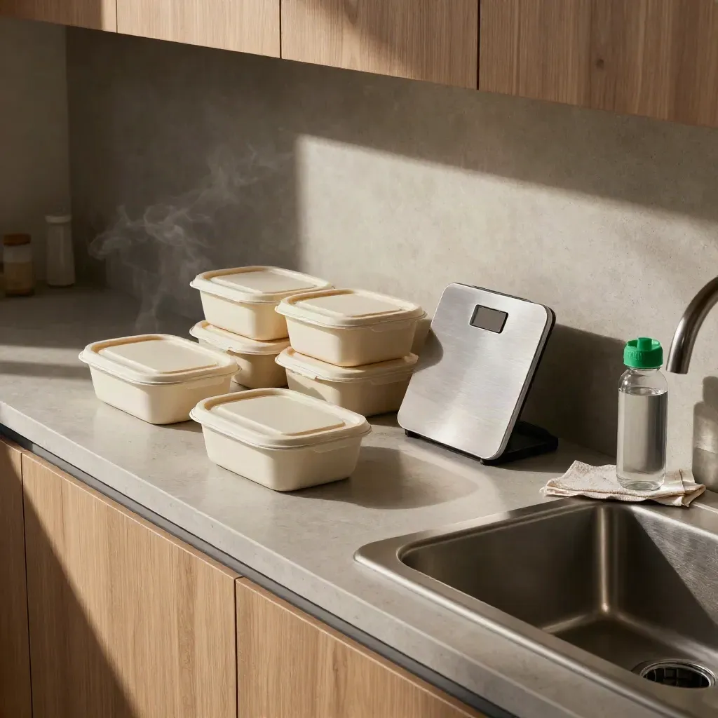 Dapur dengan bekas makanan berbahagian, penimbang kecil, kasut larian dan botol air di tepi sink.