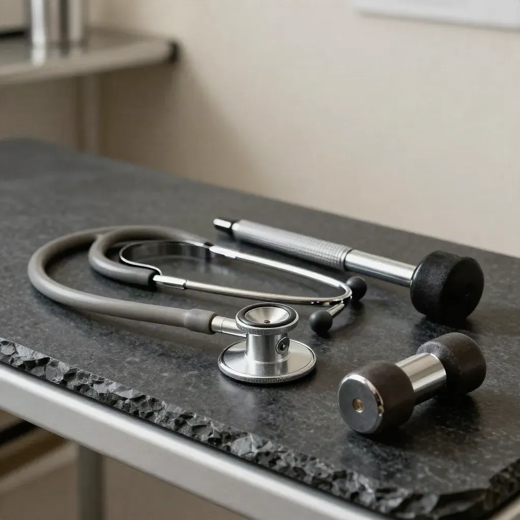Set diagnostik doktor di atas batu gelap, disusun menyerong dengan cahaya dramatik.