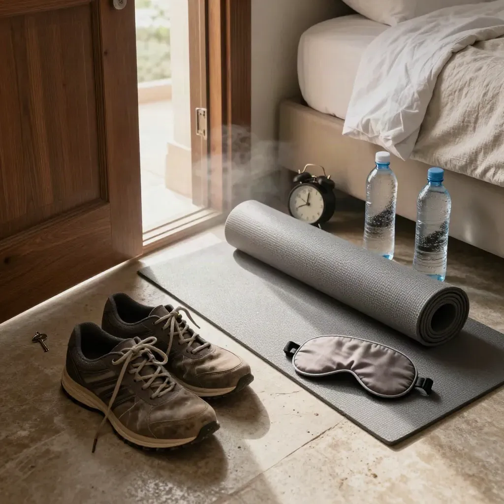 Susun atur rutin pagi dengan kasut, tikar yoga, penutup mata tidur, jam loceng dan dua botol air.