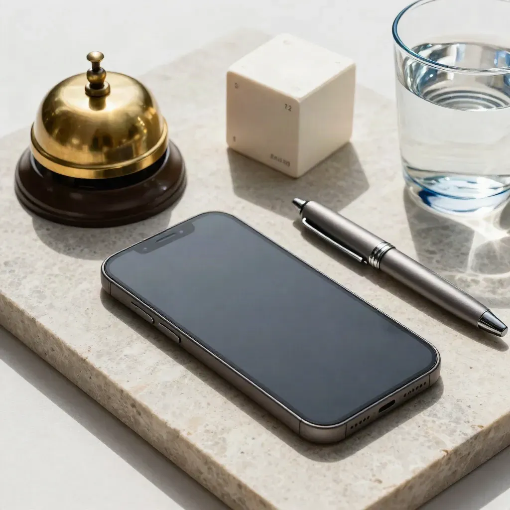 Telefon, loceng meja, kubus kalendar dan pen atas dulang batu dengan segelas air.
