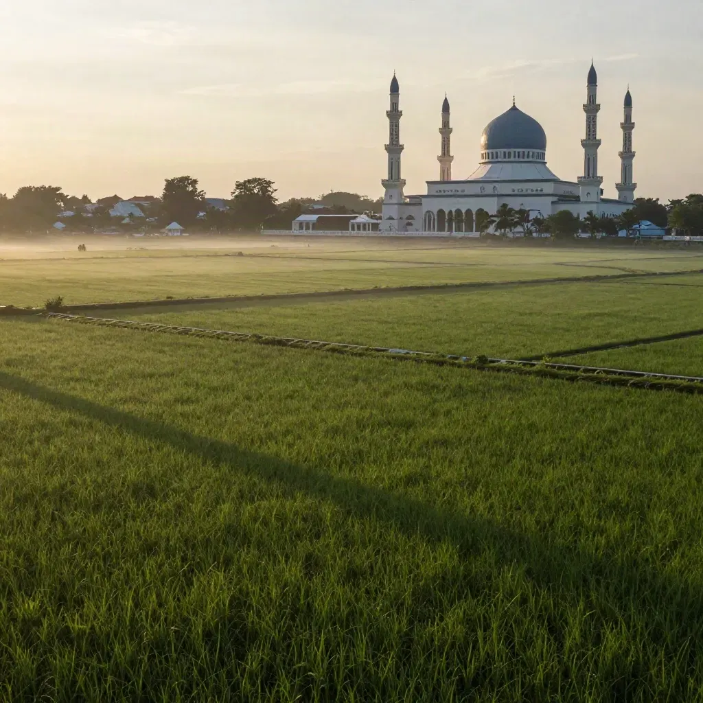 Pemandangan Selangor dengan kubah Masjid Shah Alam di atas sawah hijau berkabus.