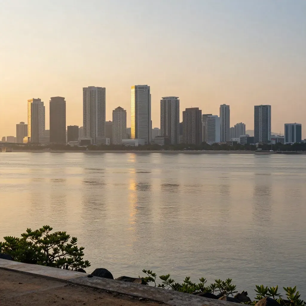 Langit emas di Johor Bahru dengan skyline, selat luas dan jambatan jauh