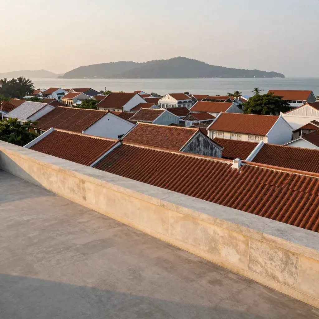 Pemandangan Pulau Pinang senja dengan bumbung warisan George Town dan siluet bukit.